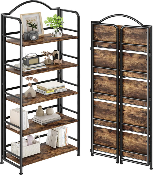 No-Assembly Folding Bookshelf Storage Shelves 5 Tiers Vintage Multifunctional Plant Flower Stand Storage Rack Shelves Bookcase for Home Office