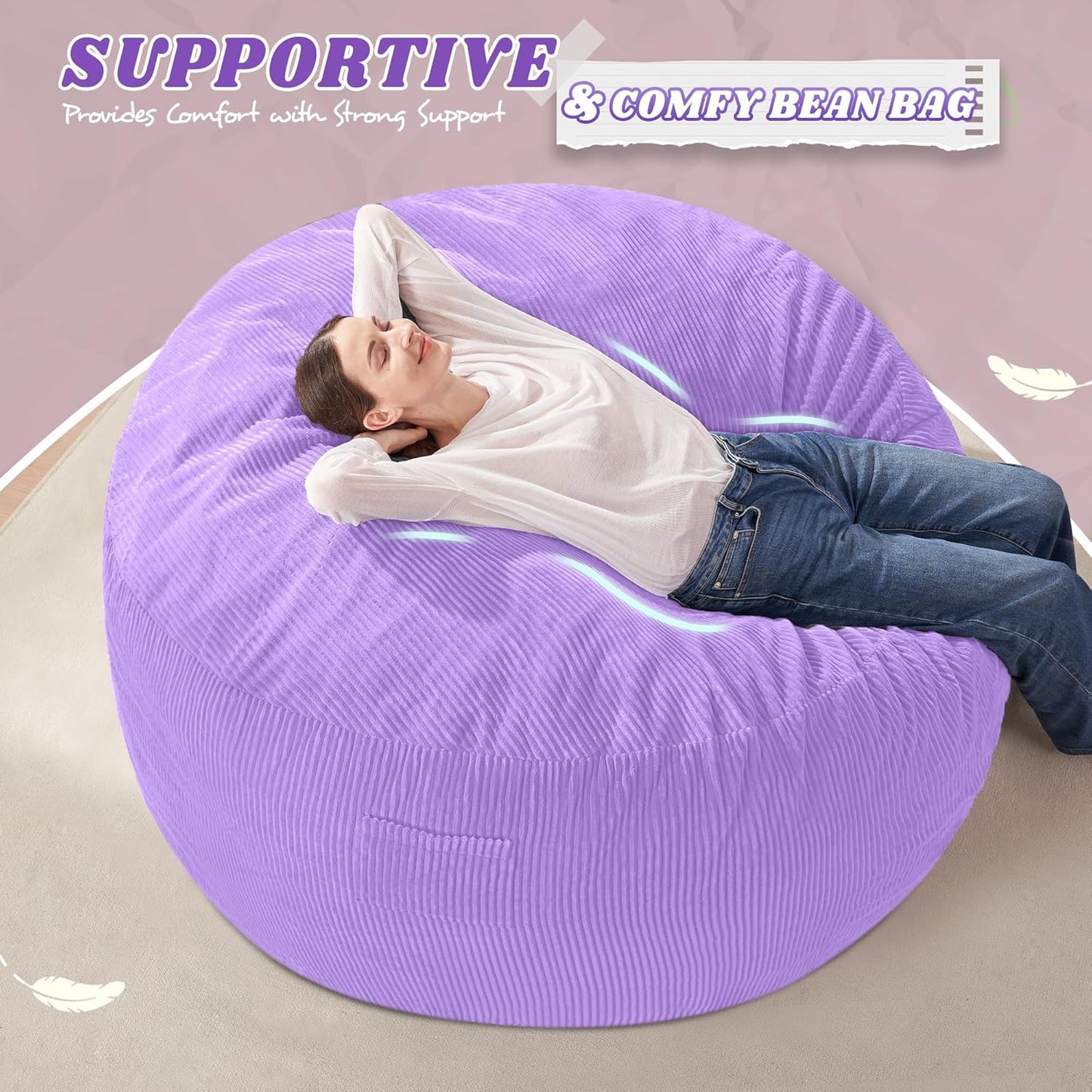 HABUTWAY 3FT Bean Bag Chair,Giant Bean Bag Chairs for Adults,Big Bean Bags with Memory Foam Filled, Large Beanbag Chairs with Soft Corduroy Cover-Purple
