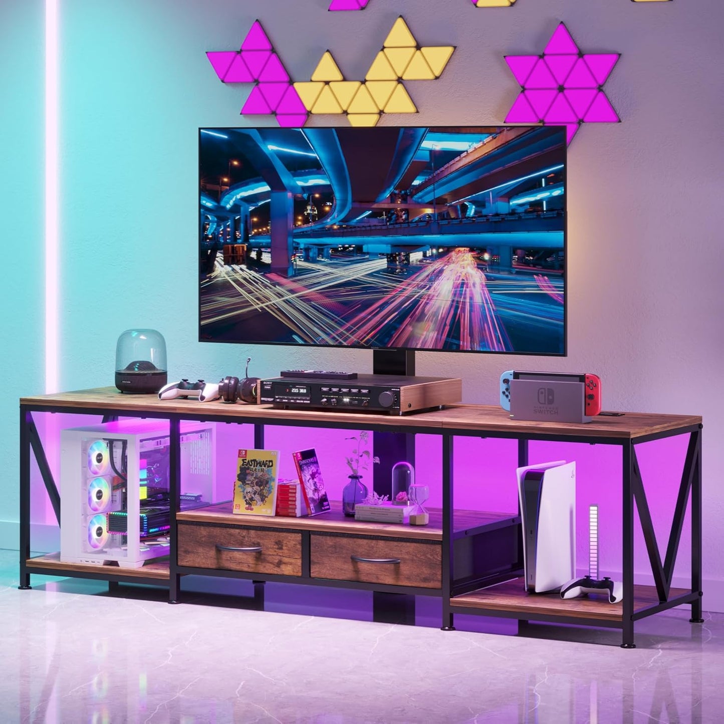 63" W TV Stand with Mount for 50,55,65,75" TV,Entertainment Center with Power Outlet and Led Lights,Height Adjustable TV Console Table with Shelves and Fabric Drawers (Rustic Brown)