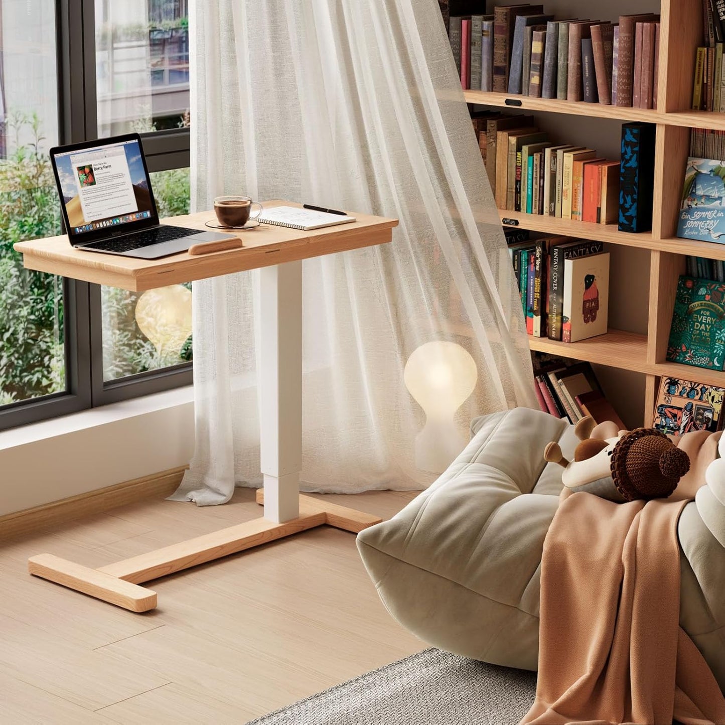 Solid Wood Overbed Bedside Table with Wheels, Adjustable Medical Tilt Top Hospital Bed Table Over The Bed, Rolling Laptop Desk, Mobile Standing Desk for Hospital and Home Use (Natural)