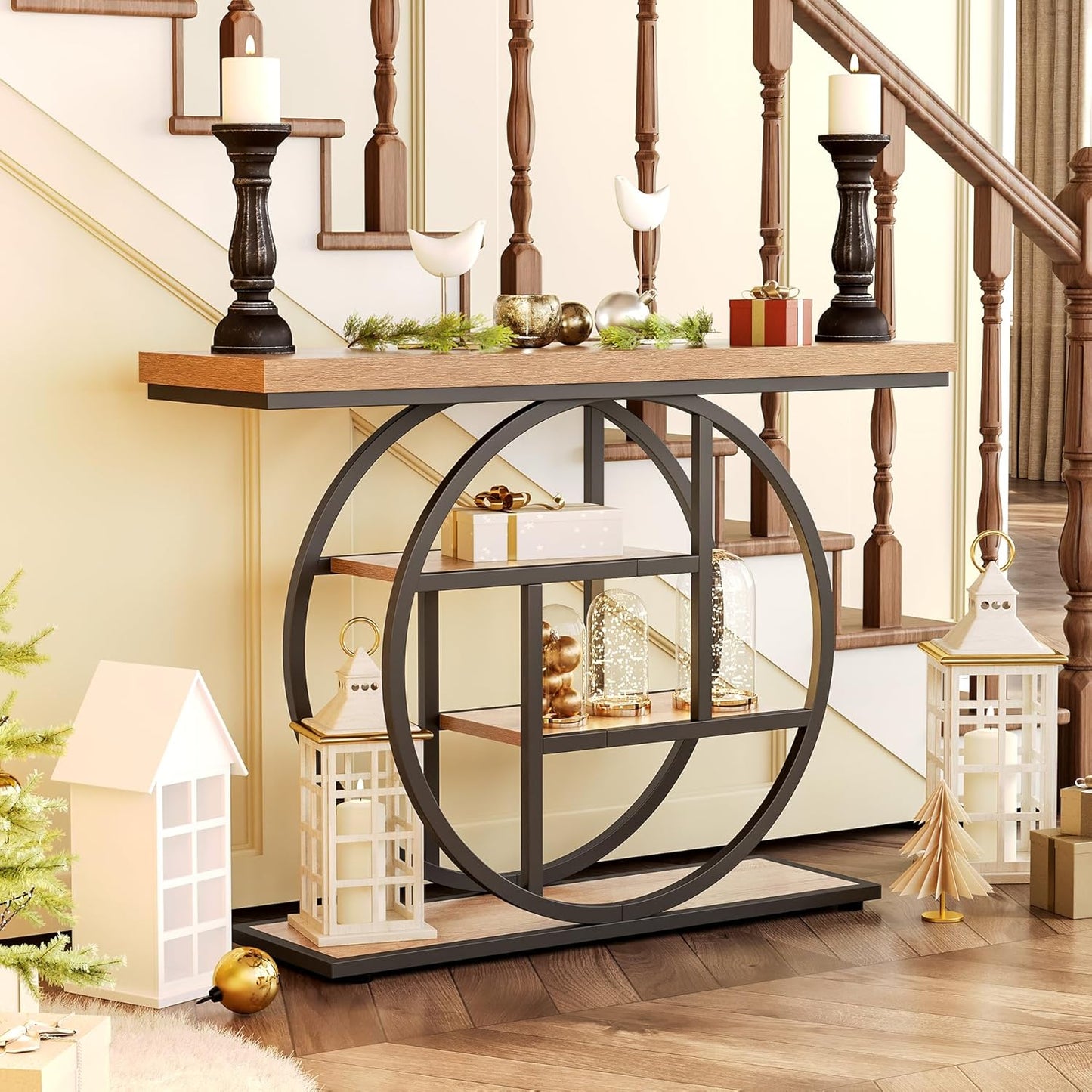 LITTLE TREE Console Table, 4-Tier Entryway Table Behind Couch Table, 41.3-Inch Farmhouse Sofa Table for Living Room, Foyer Hallway Table for Entrance, Walnut and Black