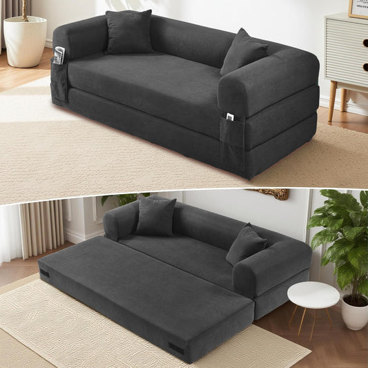 80" Convertible Sofa Bed, Corduroy Deep Seat Folding Pull Out Couch with Pillows, No Assembly Modern Boneless Couch Compression Sofa in Box, Floor Sofa with Storage Pocket for Living Room,Dark Grey