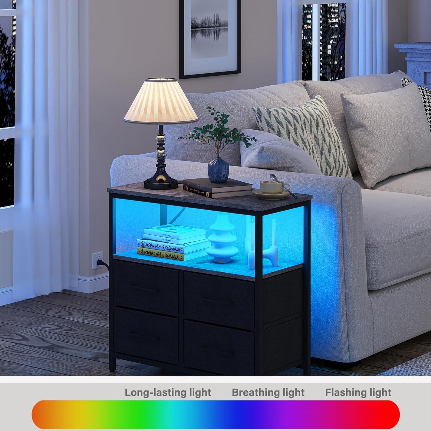 TUTOTAK LED Night Stand with Charging Station, Large Nightstand with USB and Type-C Port, Bedside Table with Cloth Drawers, End Table for Livingroom, Bedroom, Charcoal Grey TB01BY081L