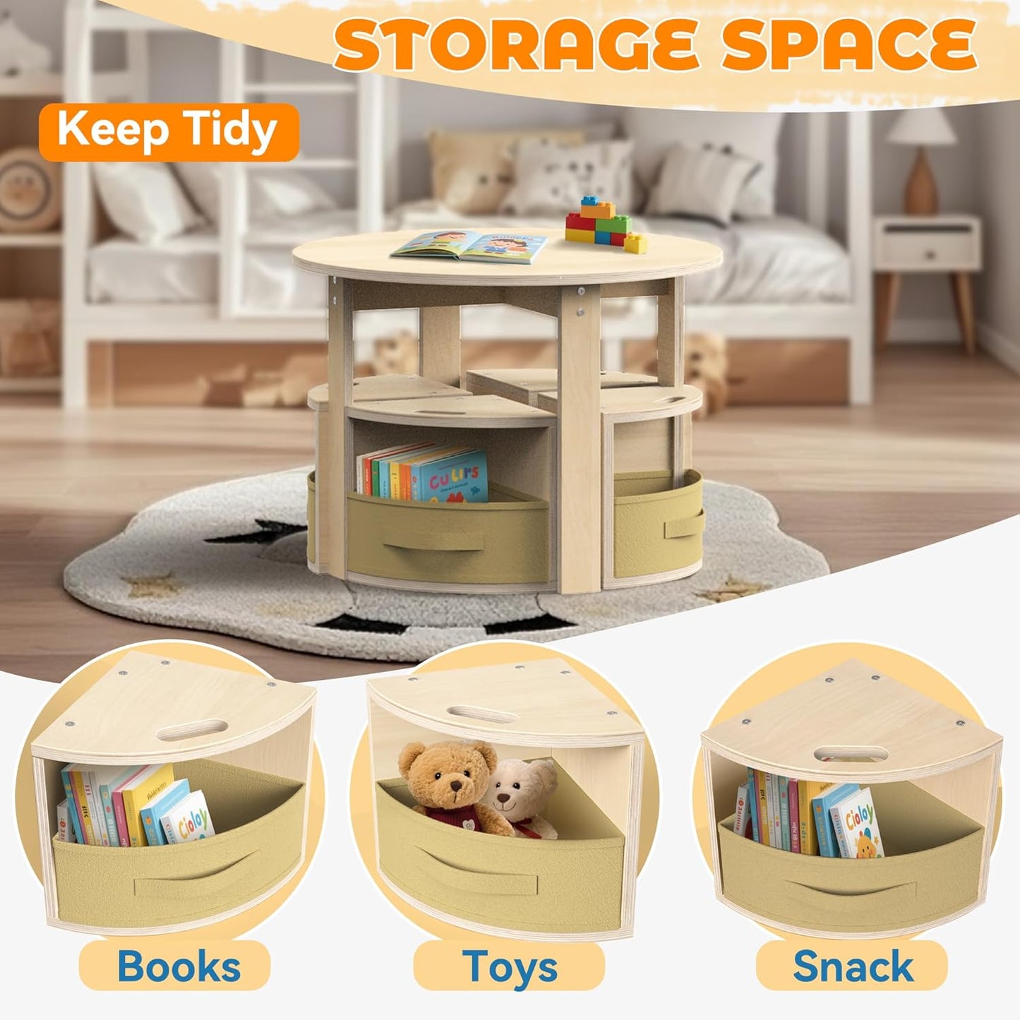 Toddler Table and Chair Set with 3 Storage Stools, Round Shaped Nesting Design, Kids Activity Table for Play/Art/Reading/Craft, Natural