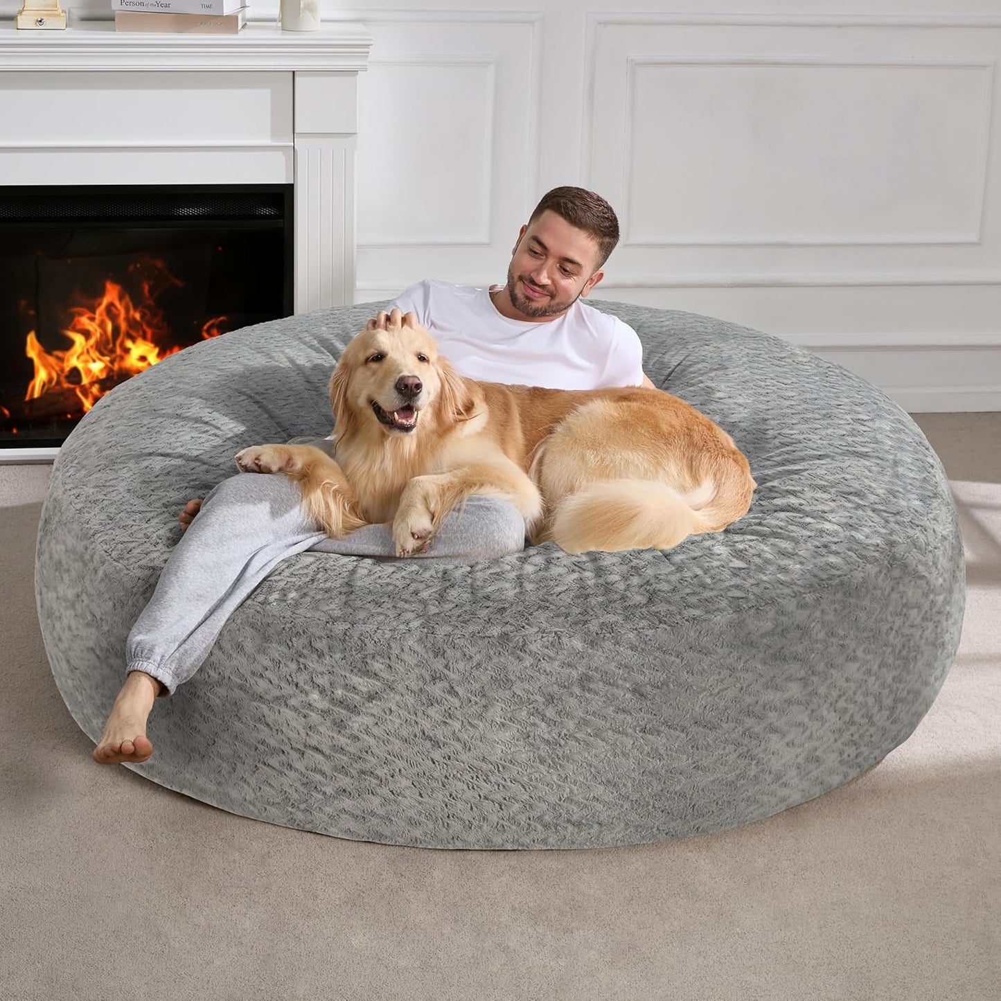 Hobestluk 6ft Bean Bag Chairs for Adults Large Beanbag Chair with Chevron Plush Fur Cover Big Bean Bag Chair for Living Room Bedroom Dorm Office - Grey (70" x 70" x 15")