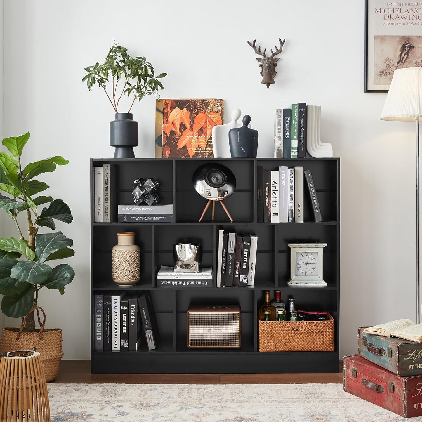 YAHARBO Black Wide Bookshelf,3 Tier Modern Horizontal Bookcase,Wood Low Bookshelves Display Storage Cabinet with Base,Floor Standing 10 Cube Large Bookcases Organizer for Bedroom,Living Room,Office