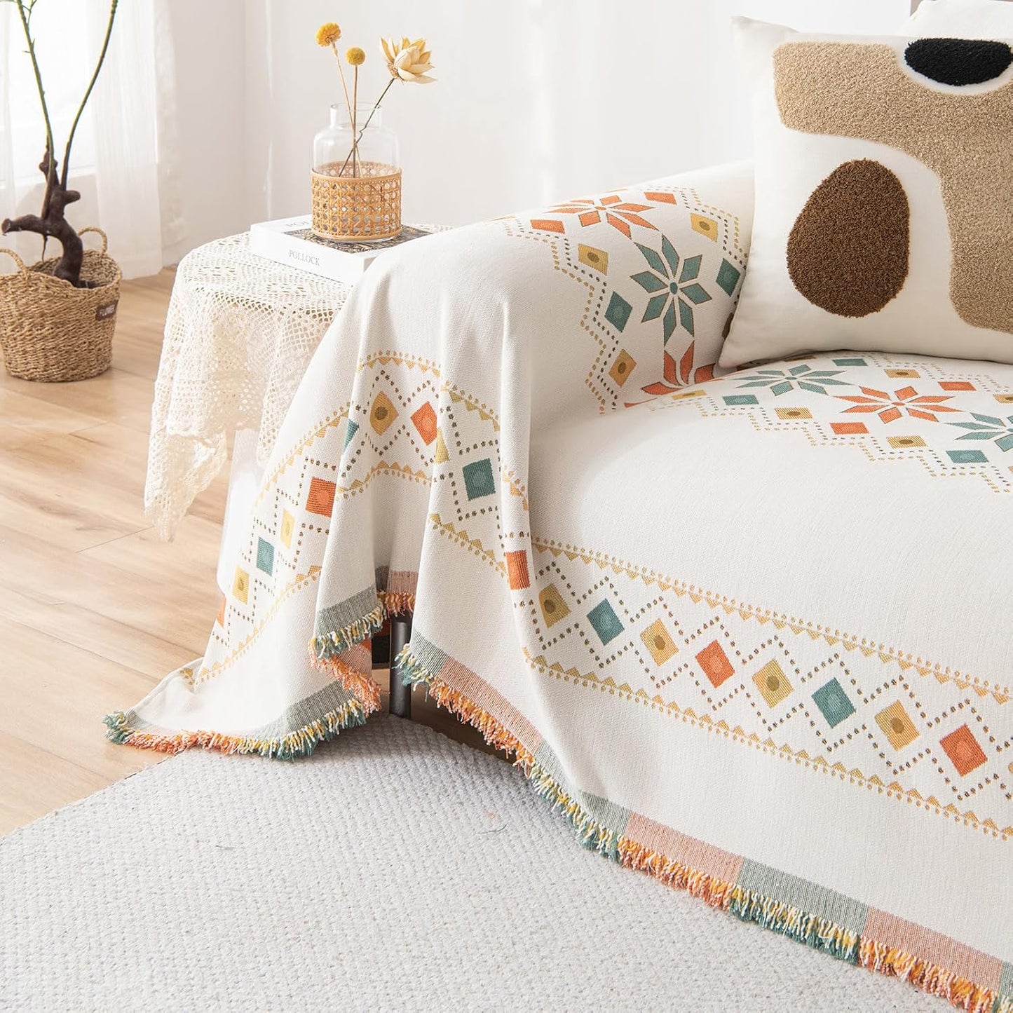 STACYPIK Thick Boho Beige Sofa Cover, Jacquard Chenille Couch Cover for Sectional, Non-Slip Geometric Furniture Protector for 3 Cushion Couch, L Shaped Sofa Cover Decorative Sofa Slipcover-71X134IN