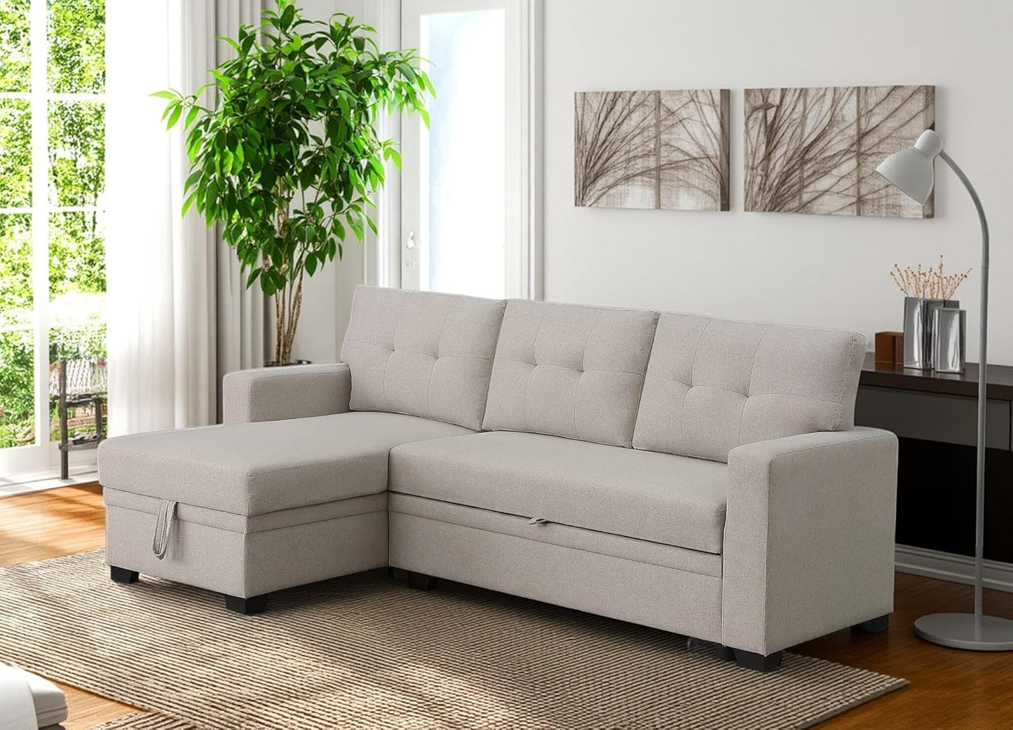 82 Inch Convertible Sleeper Sectional Sofa with Storage Chaise and Pull-Out Bed, Linen Upholstered Reversible Corner Couch, Modular L Shaped Couches for Living Room, Home Furniture, Beige