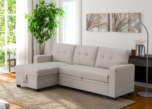 82 Inch Convertible Sleeper Sectional Sofa with Storage Chaise and Pull-Out Bed, Linen Upholstered Reversible Corner Couch, Modular L Shaped Couches for Living Room, Home Furniture, Beige
