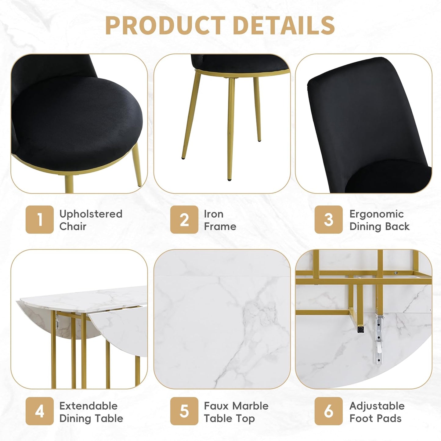 Merax 47.2” Round Dining Table Set for 4, Foldable Kitchen Dining Table with 11.8” Drop Leaves, Faux Marble Top with Golden Frame, 4 Upholstered Chairs (White+Black)