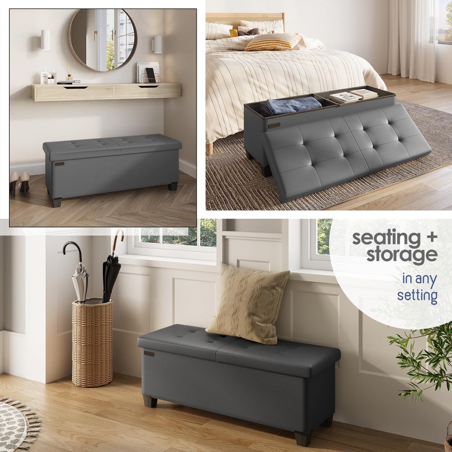 STORAGEBUD Storage Ottoman Bench with Bins, 43-in Storage Bench for Bedroom End of Bed, Folding Foot Rest Ottoman for Living Room Max 660lbs, Faux Leather Ottomans, Grey