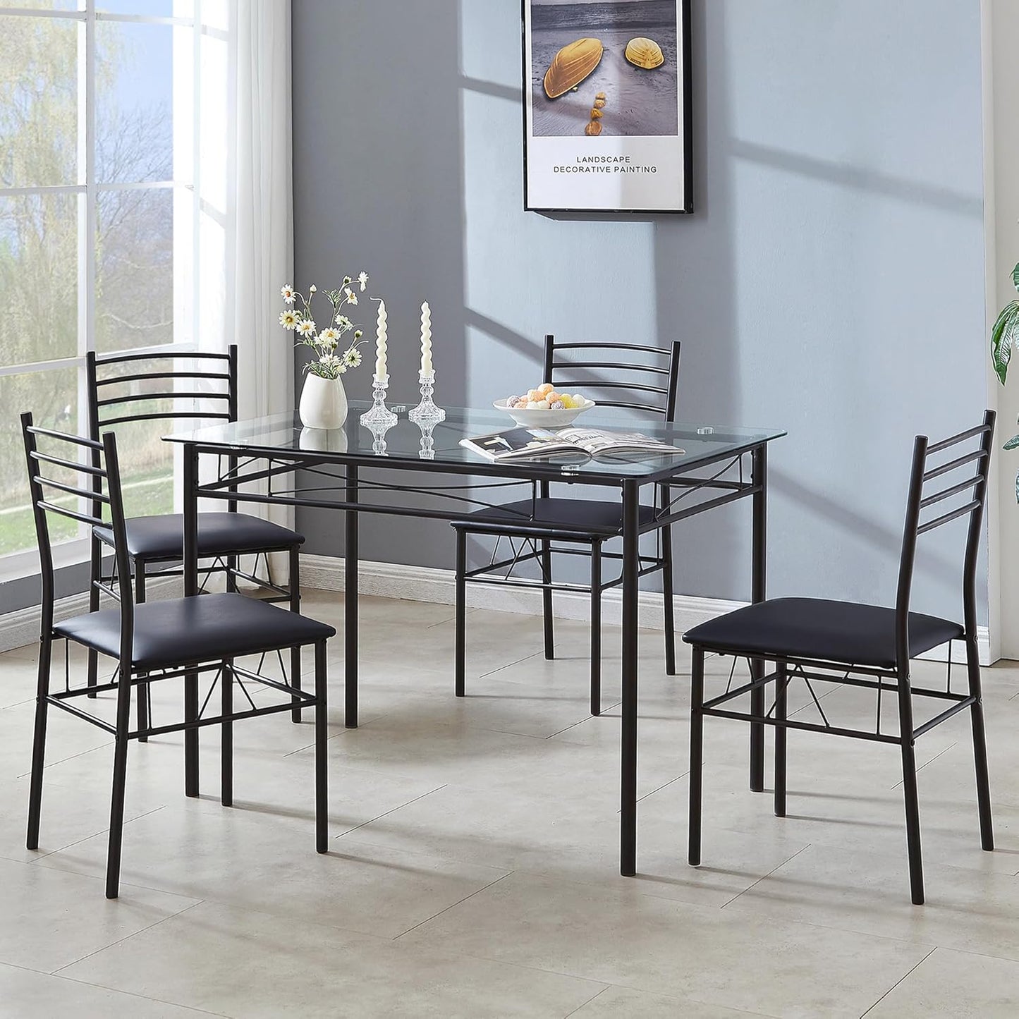 VECELO Kitchen Dining Table and Chairs Set for 4, PU Padded Seat & Glasses Tabletop, Space Saving, Matte Black