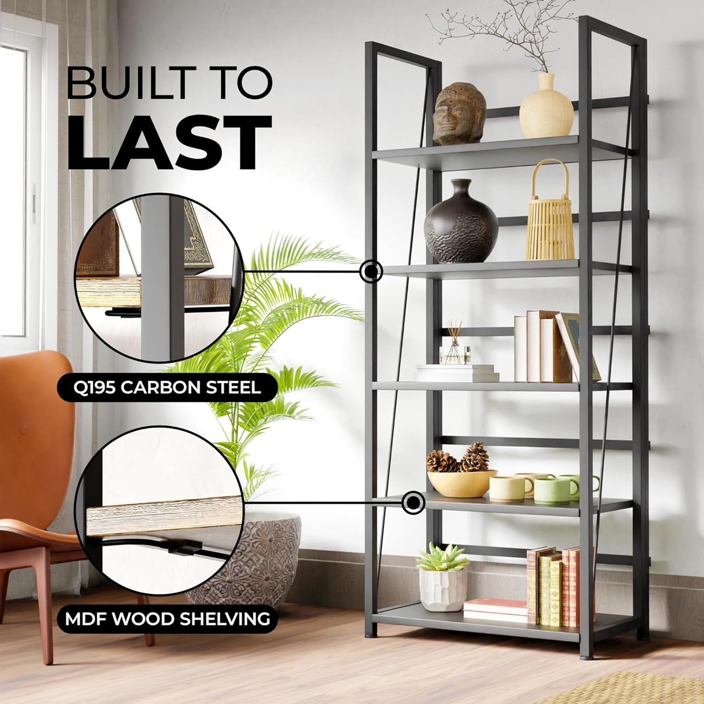 5 Tier Wood Book Shelf Organizer, No Assembly Bookshelf for Bedroom Living Room Office, Rustic Foldable Book Case, Tall Bookshelves, Open Book Shelves, Decorative Folding Shelf Display, Tall Bookcase