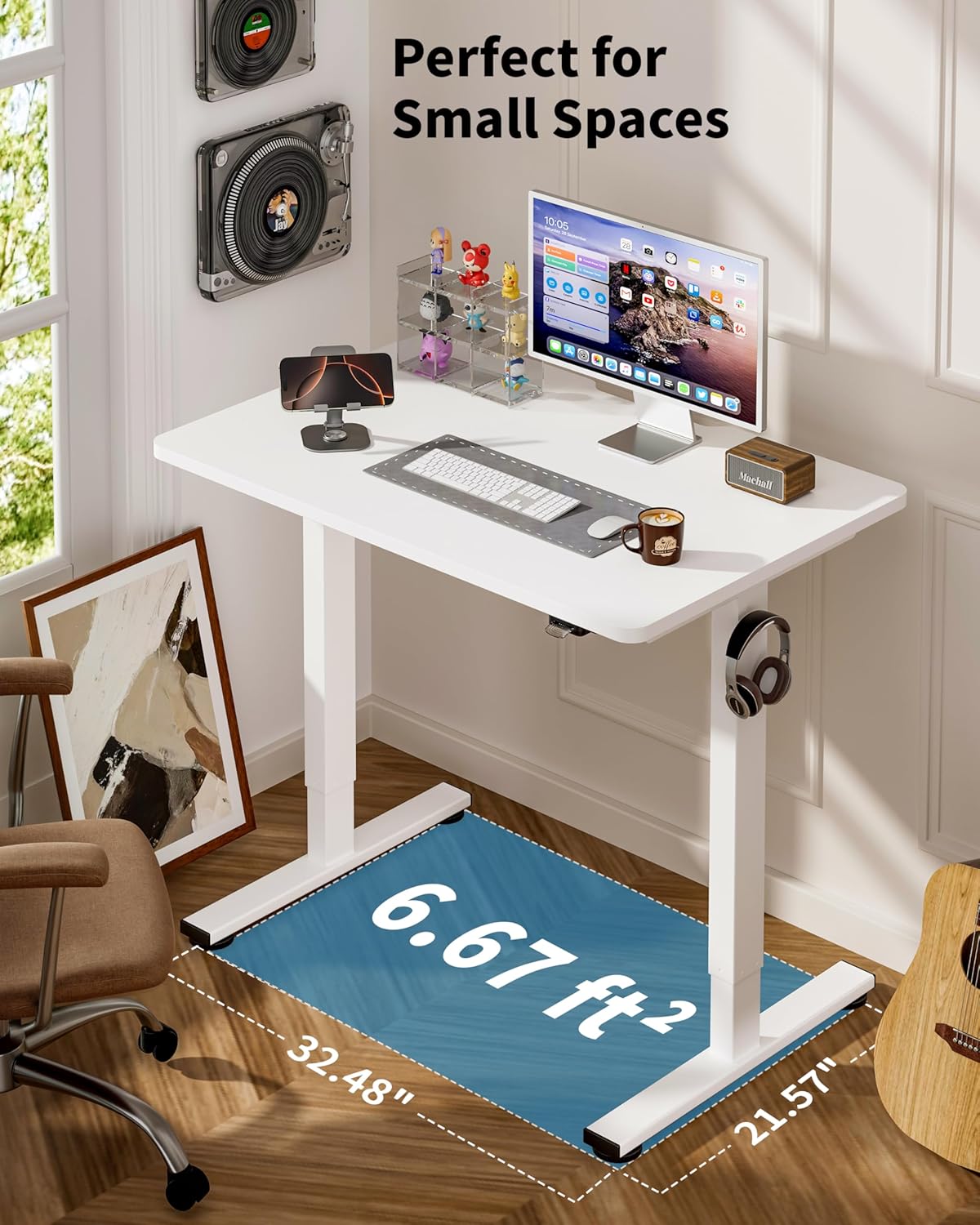 Okin Small Electric Standing Desk, 40" x 24" Whole Piece Height Adjustable White Sit to Stand Desk Computer Workstation for Home Office