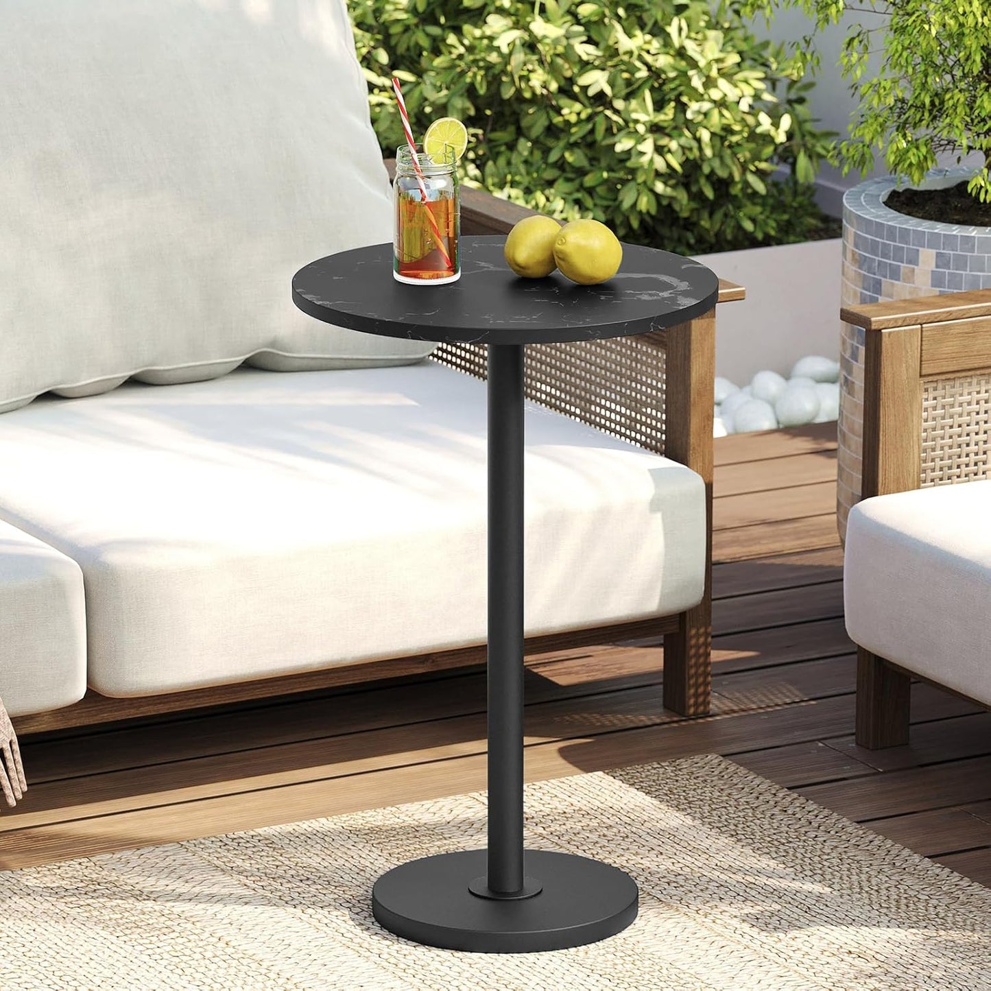 Round Side Table, Tall Drink End Table for Small Spaces, Pedestal Style Martini Side Table in Living Room, Bedroom, Dormitory, Marble Black and Black ET30BM