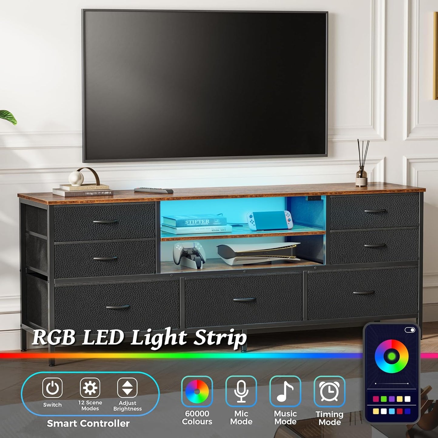 Huuger TV Stand Dresser with Power Outlets and LED Lights, 7 Drawers Entertainment Center for 60 Inch TV, TV Console with Open Shelf, 55 Inches Wide Fabric Dresser, PU Leather, Rustic Brown and Black