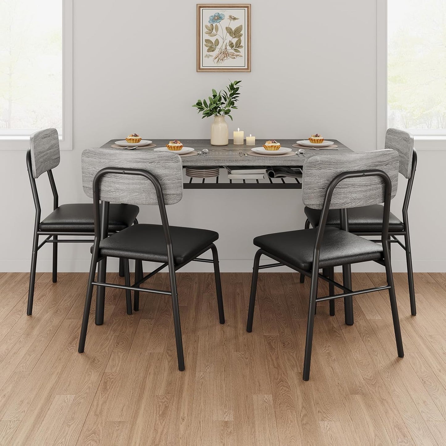 5-Piece Dining Table Set for 4, Wood Kitchen with Built-in Storage Rack, Small Kitchen Table with Upholstered Chairs and Metal Frame for Small Spaces, Gray