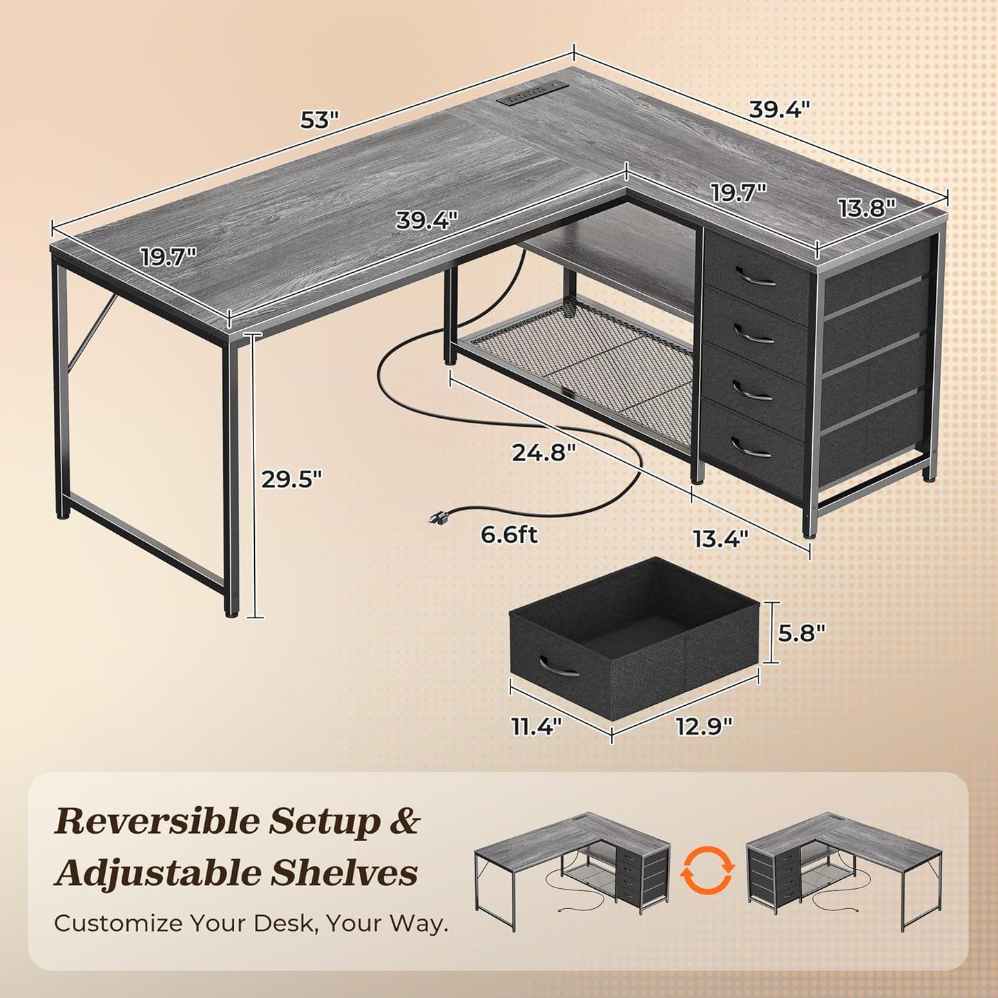 PRAISUN 53" L Shaped Desk with Power Outlets and USB-C Port, Reversible Computer Corner Office Desk with 4 Fabric Drawers and 2 Height-Adjustable Shelves, Large for Gaming Writing Work Study, Grey
