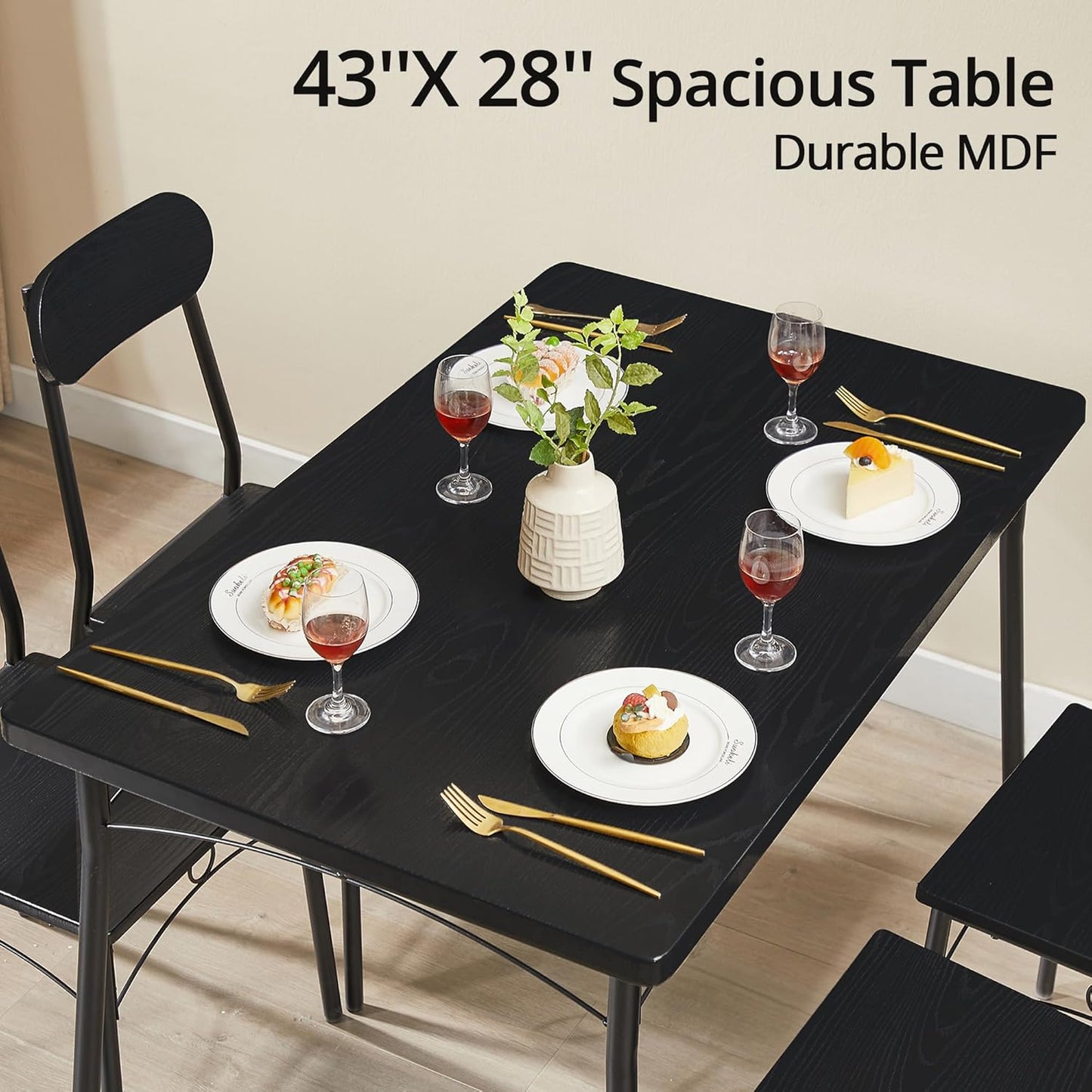 VECELO Dining Table Set for 4, 5 Piece Dinette with Chairs for Kitchen, Breakfast Nook and Small Space, Black