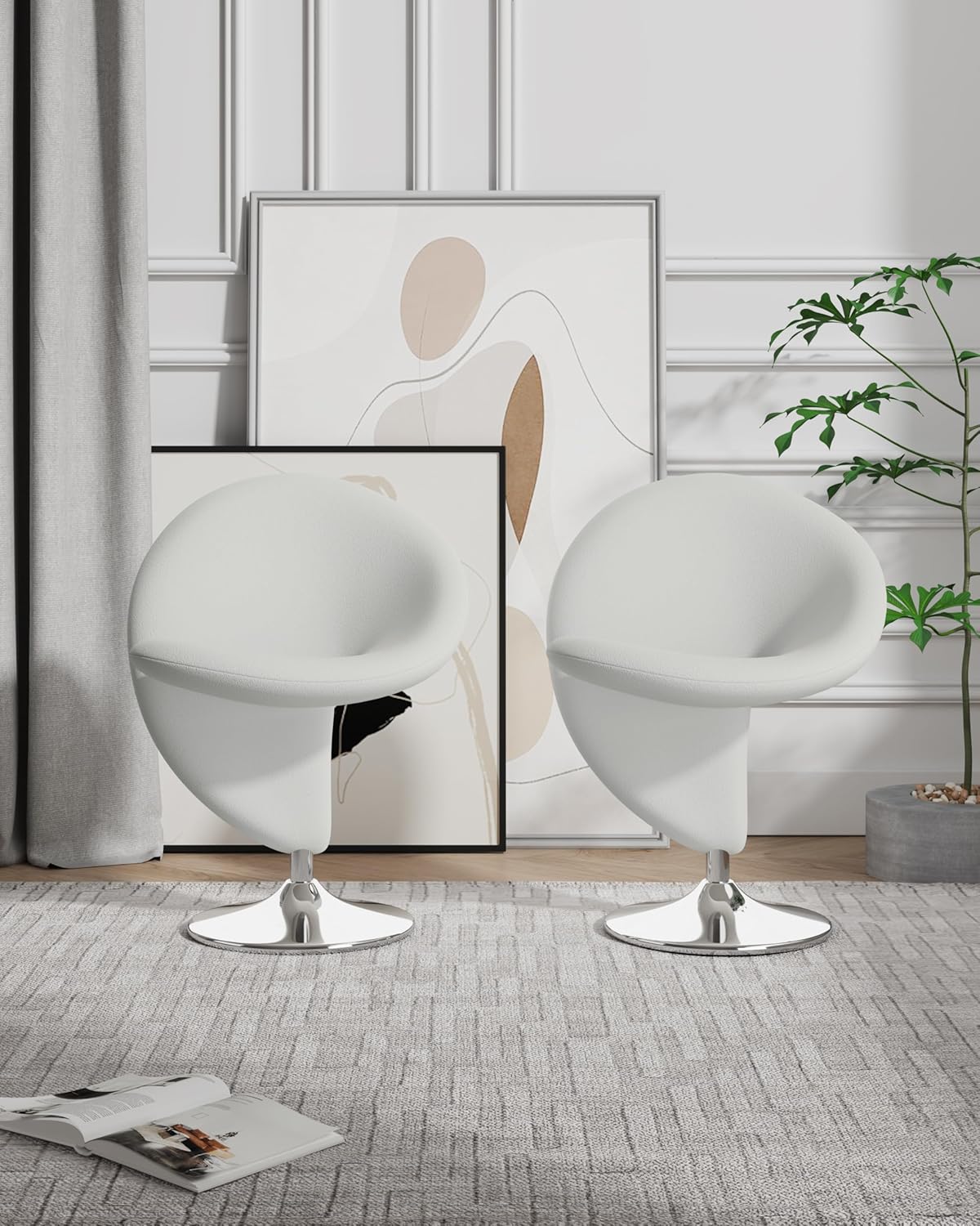 Manhattan Comfort Curl Swivel Accent Chair Set of 2 with 360° Turn, Fully Assembled, Upholstered in Wool Blend, Modern Ergonomic Design with Polished Chrome Base, Living Room & Office, Set of 2, Cream