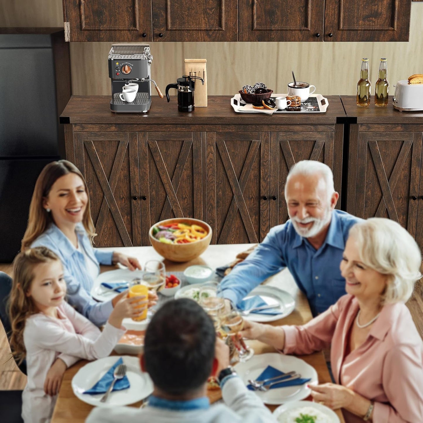 YITAHOME 55'' Buffet Cabinet with Storage, Farmhouse Sideboard Cabinet Coffee Bar Cabinets with Barn Doors ＆ Adjustable Shelves for Kitchen, Living Room, Brown
