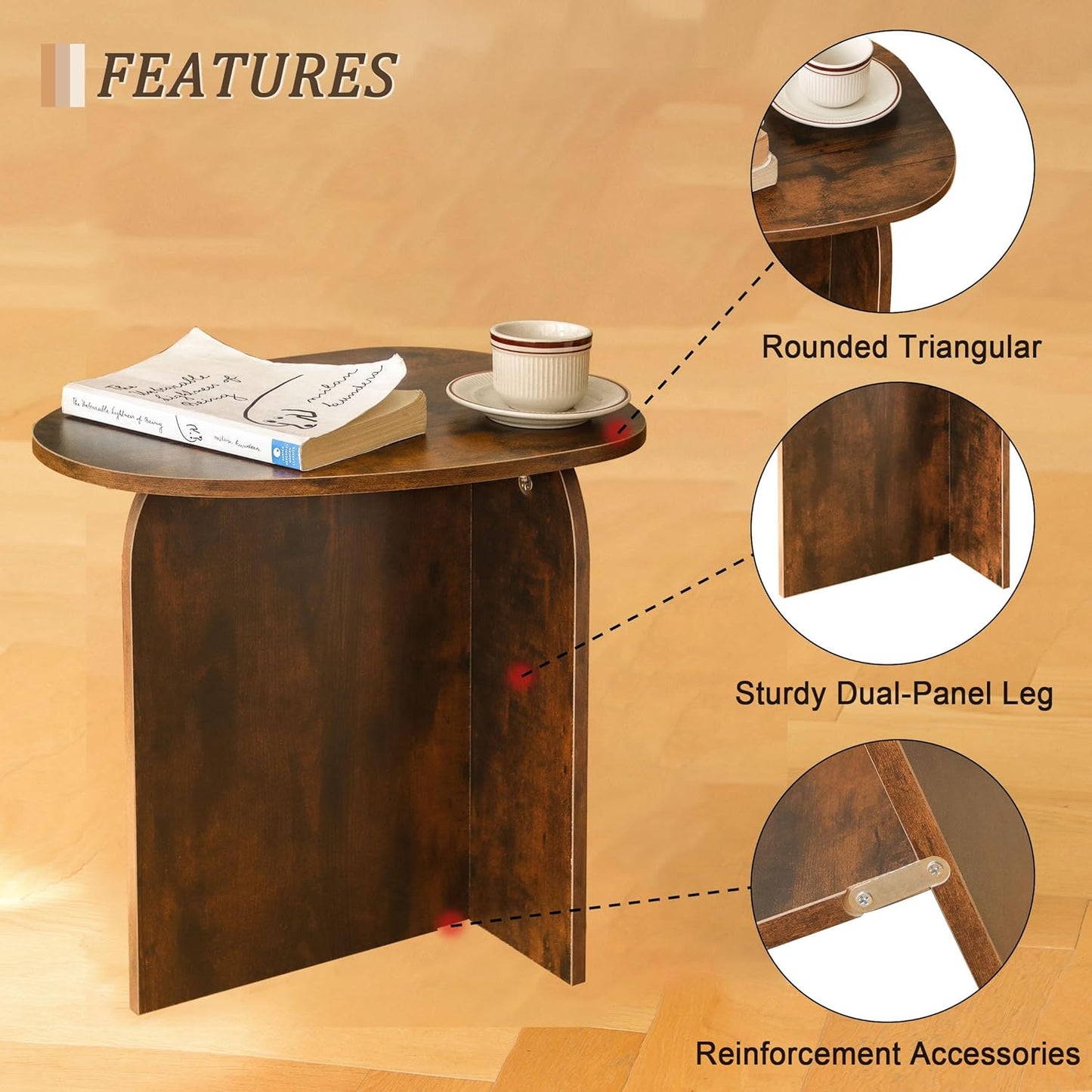 AWASEN Side Table, Small Triangle End Table Living Room, Modern Accent Table with Unique Tabletop, Mini Bedside Table for Small Spaces, Rustic Brown