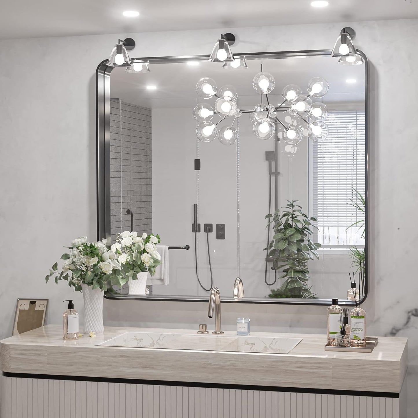 TokeShimi 36 x 36 Inch Wall Mirror Black Bathroom Vanity Mirror with Metal Frame Aluminum Alloy Soft Rounded Corner for Modern Farmhouse Wall Decor 1”Deep Set Design (Horizontal/Vertical)