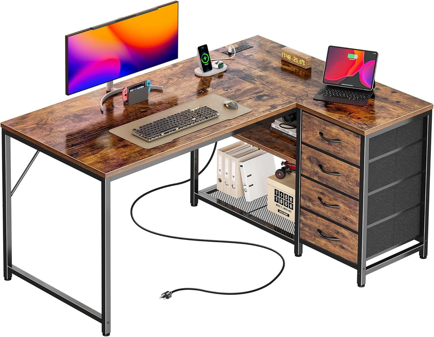 PRAISUN 43.3" Small Computer Desk with Power Outlets and USB-C Port, Reversible L Shaped Corner Office Desk with 4 Fabric Drawers and 2 Height-Adjustable Shelves, for Gaming Writing, Rustic Brown