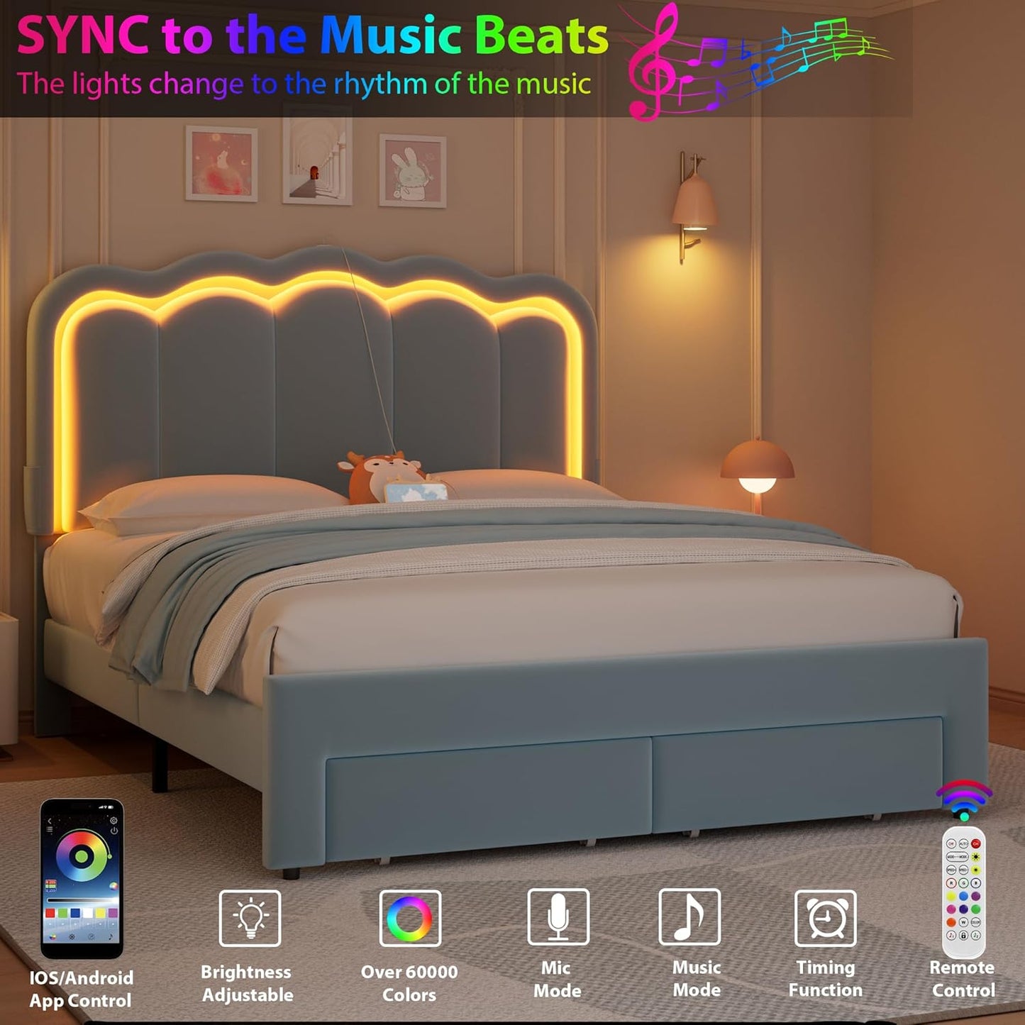 Full Upholstered LED Bed Frame with 2 Storage Drawers and Adjustable Chic Double Wavy Headboard, Velvet Princess Platform Bed with Charing Station, Solid Wood Slats Support,No Box Spring Needed,Blue