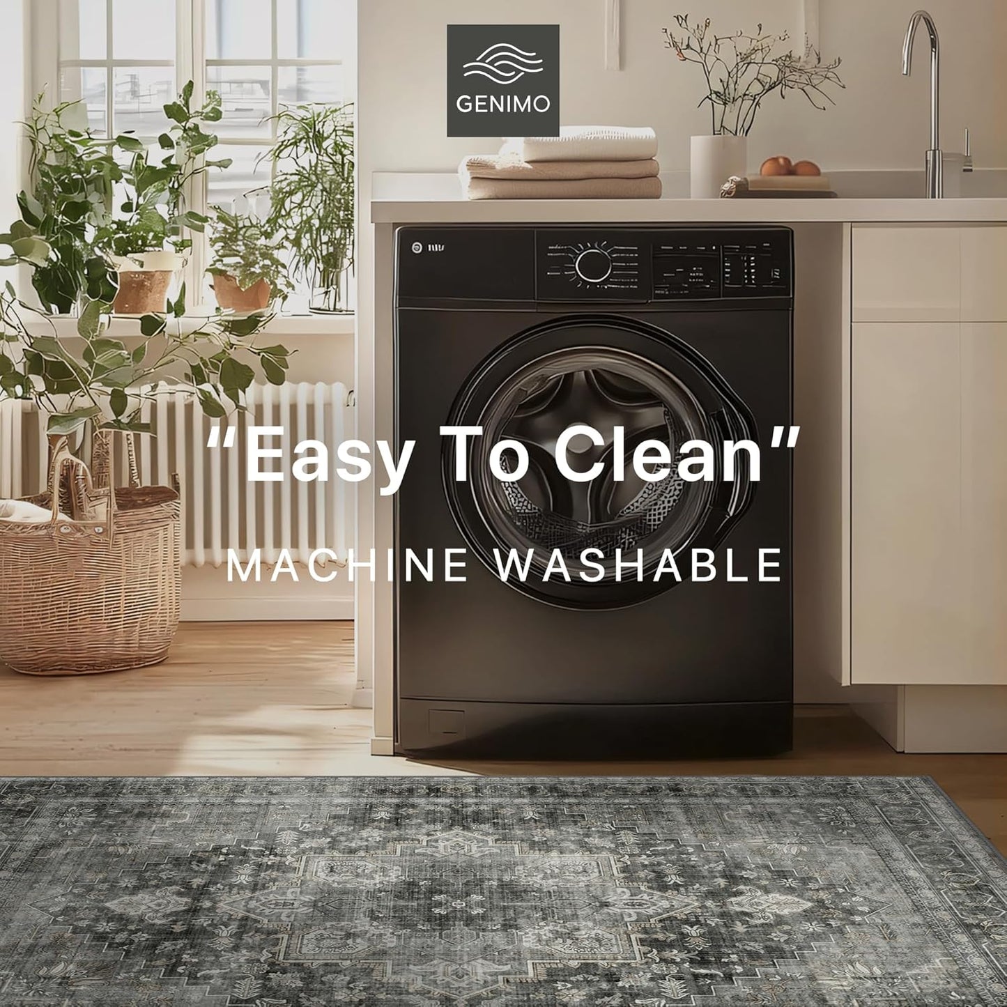 GENIMO 7'6''x9'6'' Area Rugs for Living Room, Machine Washable Non Slip Vintage Rugs, Low Pile Lightweight Chenille Print Rug for Bedroom, Dining Room, Home Office,Charcoal Gray