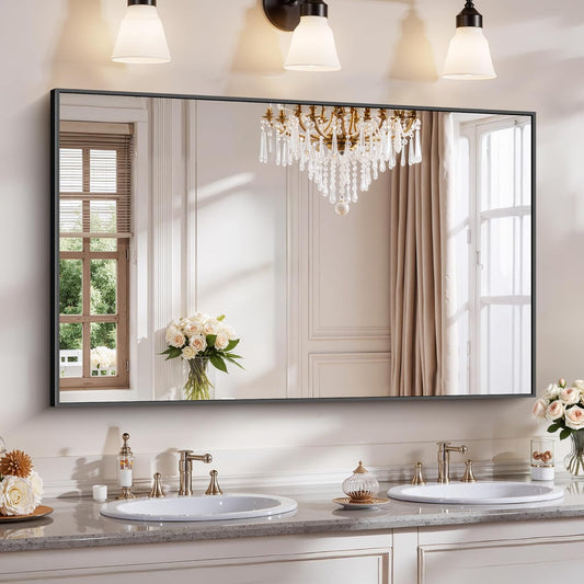 YIROMAN Bathroom Mirror 50"x30", Large Matte Black Bathroom Mirror for Over Sink with Aluminum Frame, Rectangular Vanity Mirror with Right Angle, Wall Mirror Hangs Horizontal or Vertical, Shatterproof