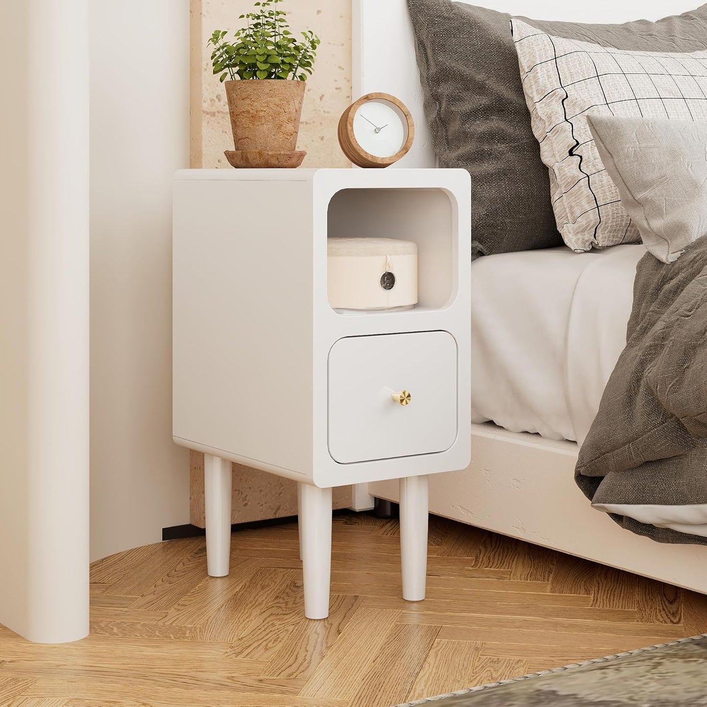 Narrow Nightstand, Solid Wood Night Stand with Drawers, White Mid Century Modern Nightstand, Small Beside Table with Open Storage Shelf for Bedroom (10 inch)