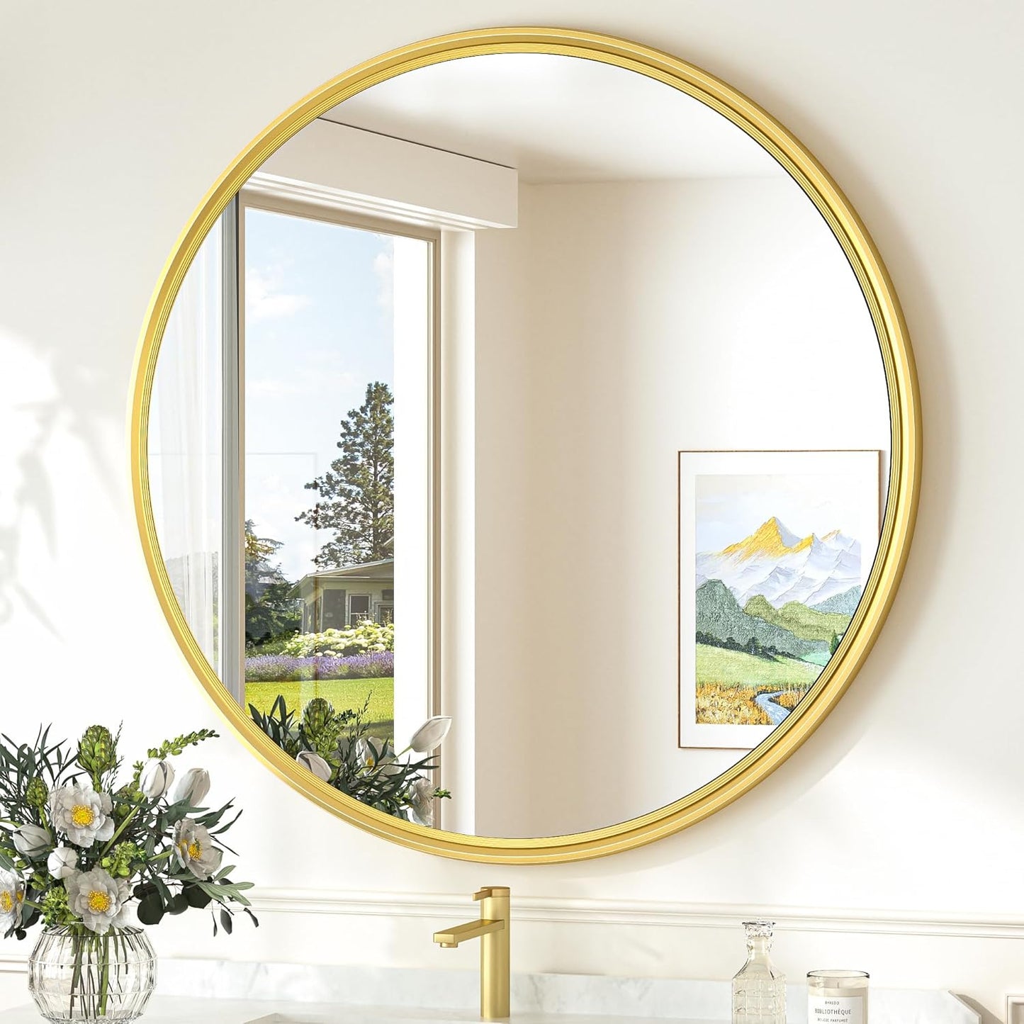 TokeShimi 30 in Round Framed Brushed Gold Mirror Bathroom Tempered, Shatterproof Mirror Circle 30x30 Farmhouse Aluminum Large Wall Mirrored for Vanity, Entryway, Bedroom, Restroom, Living Room