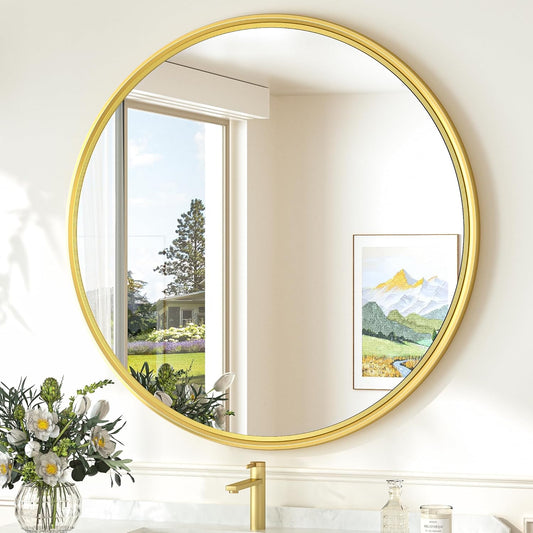 TokeShimi 30 in Round Framed Brushed Gold Mirror Bathroom Tempered, Shatterproof Mirror Circle 30x30 Farmhouse Aluminum Large Wall Mirrored for Vanity, Entryway, Bedroom, Restroom, Living Room