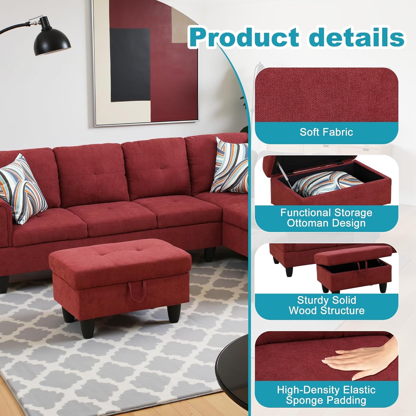 Couches for Living Room Modern L Shaped Couch Comfy Fluffy Fabric 3 Pieces Sectional Sofa with Chaise, Ottoman with Storage for Office and Small Apartment, Red