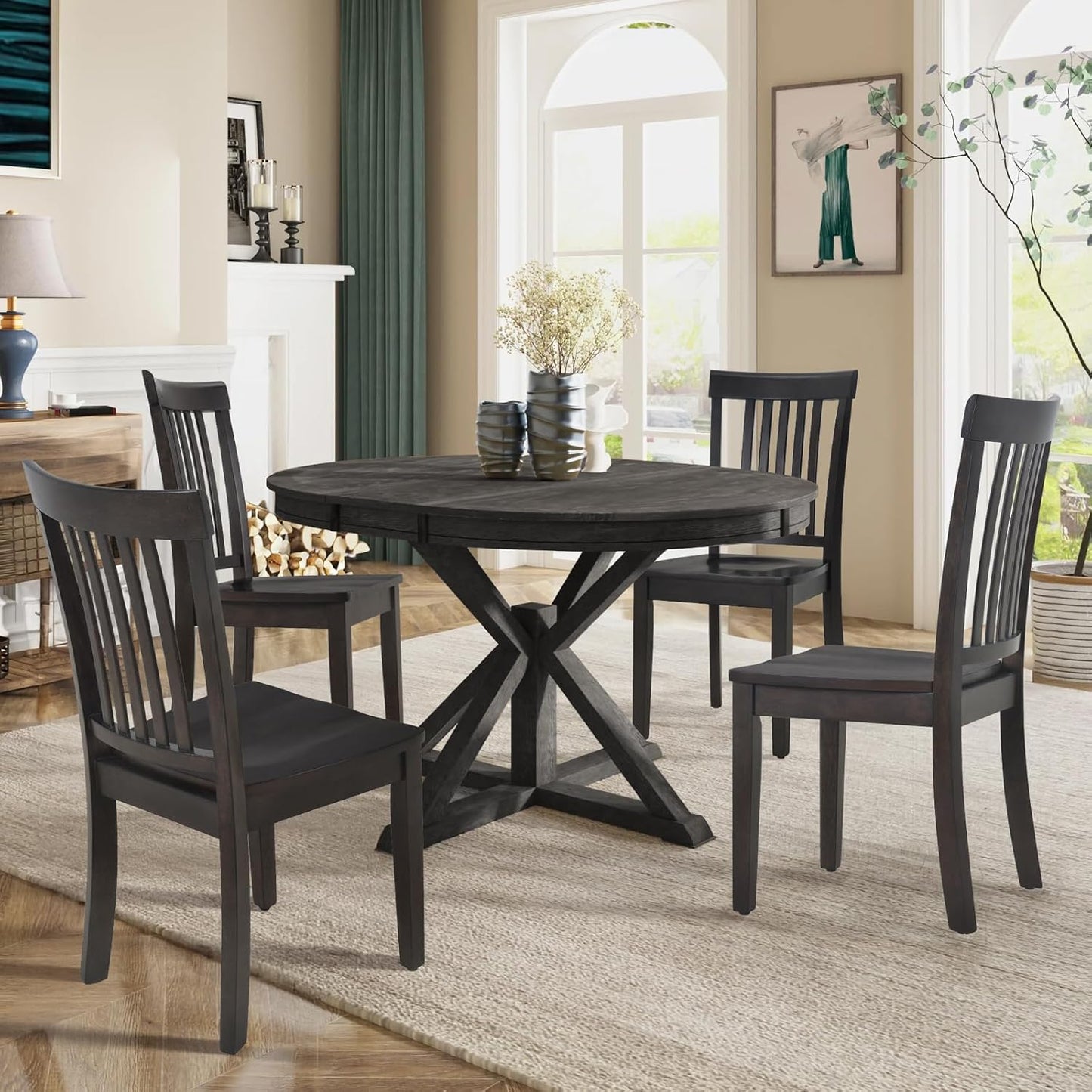 COLAMY Wooden Dining Chairs Set of 6, Spindle High Back Windsor Kitchen Side Chair, Farmhouse Dining Chairs for Kitchen and Dining Room, Dark Brown