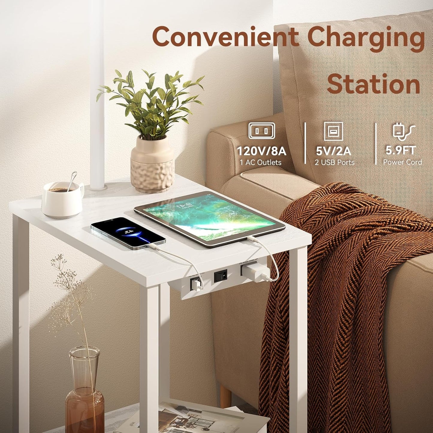 SUNMORY Floor Lamp with Table, End Table for Living Room with Lamp, Shelves Side Table with Charging Station(USB & AC Port), 3 Color Temperature LED Bulb, Modern Nightstand Lamp for Bedroom, Office