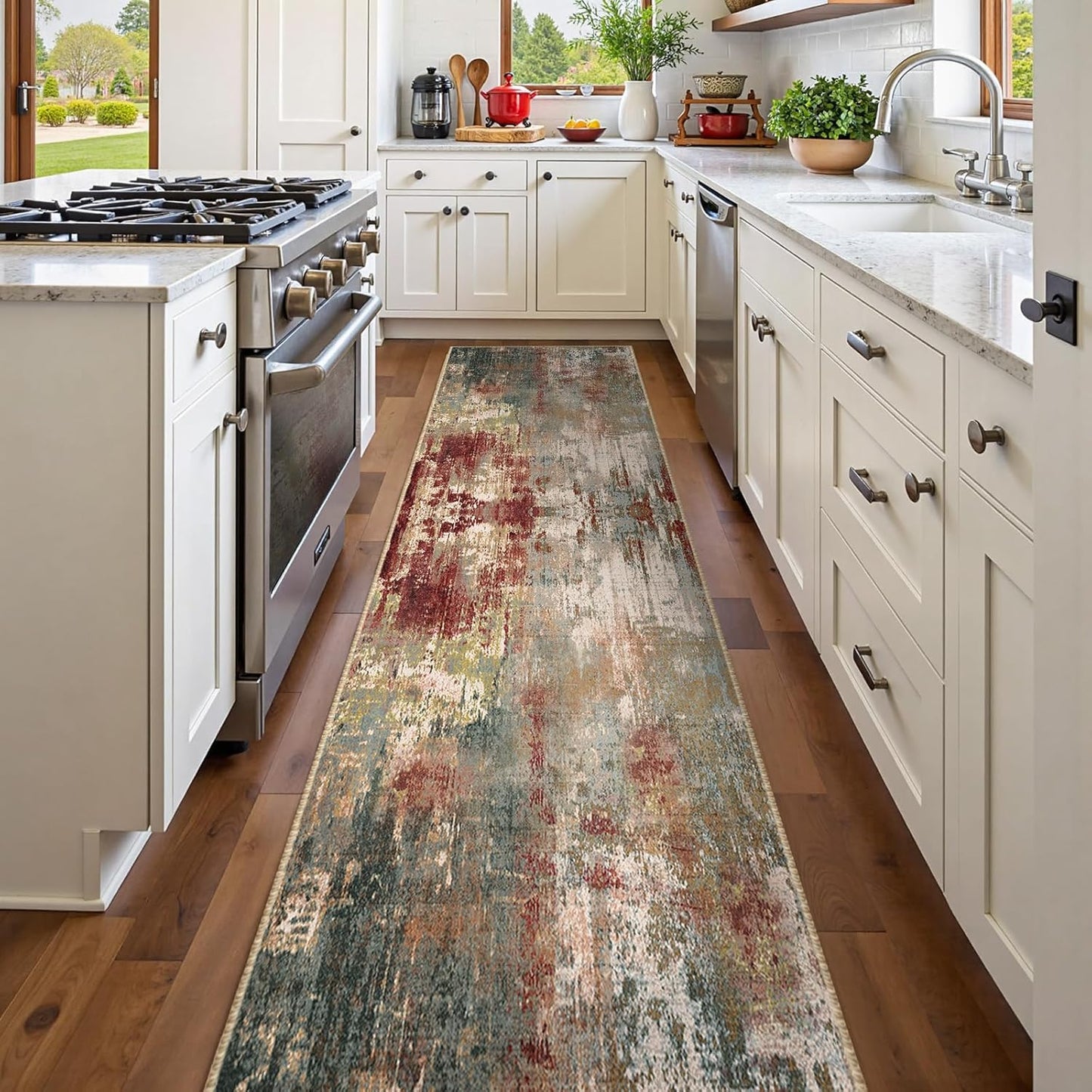 Washable Area Rugs 2'x10' Non-Slip Modern Abstract Soft for Living Room Entryway Bedroom Nursery, Print Pattern, Brown Rust Red Multi