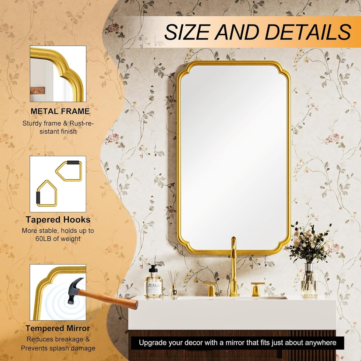26"x40" Rustproof Bathroom Mirror Gold, Round Corner Metal Frame Wall Mirror, Horizontal/Vertical Hanging Over Sink, Bedroom Bathroom Decor