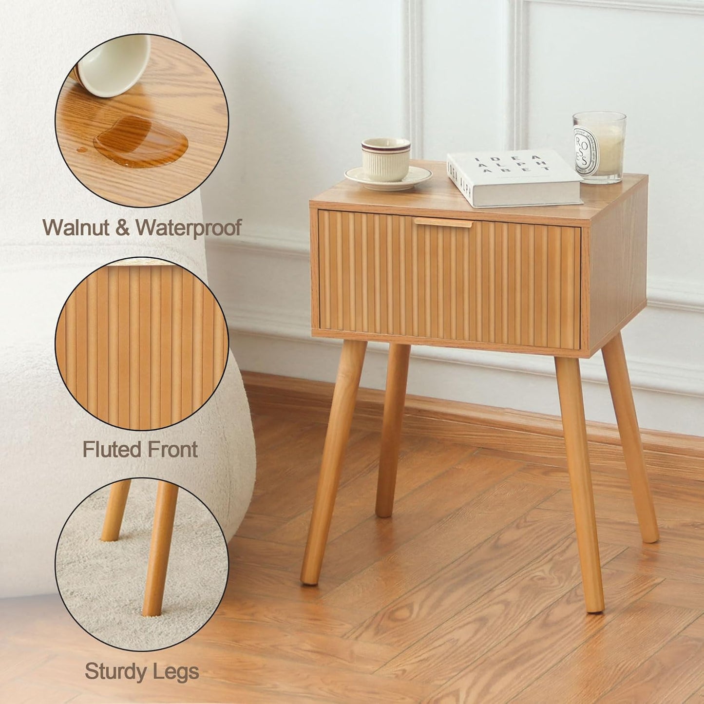 Fluted Nightstand, Small Bedside Table with Storage Drawer, Accent End Table Living Room for Bedroom and Small Space, Brown