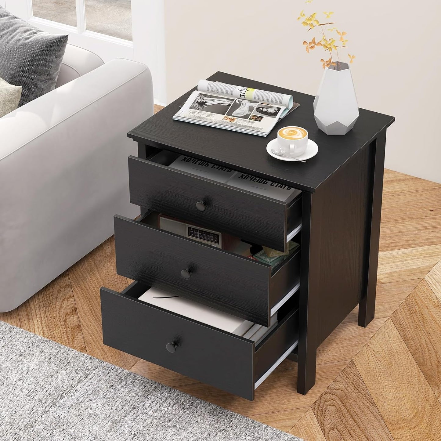 KOMFOTT 3 Drawers Nightstand, Wooden Bedside Table, Modern Sofa Side End Table, Space-Saving Telephone Table, Chest of Drawers for Living Room, Bedroom & Office (1, Black)