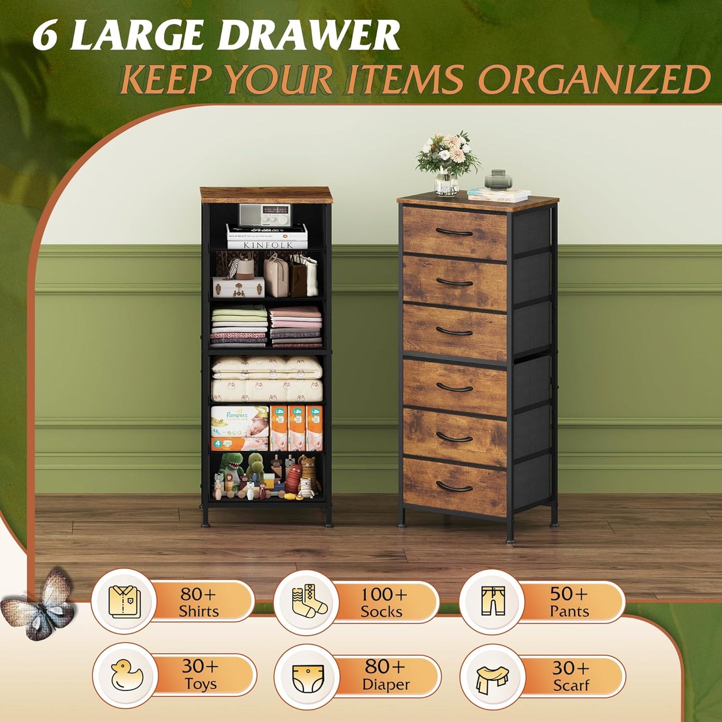 WLIVE Tall Dresser for Bedroom, 6 Drawer Dressers & Chests of Drawers, Fabric Dresser for Closet, Night Stand with Metal Frame, Storage Tower with Fabric Bins, Wood Top, Rustic Brown Wood Grain Print