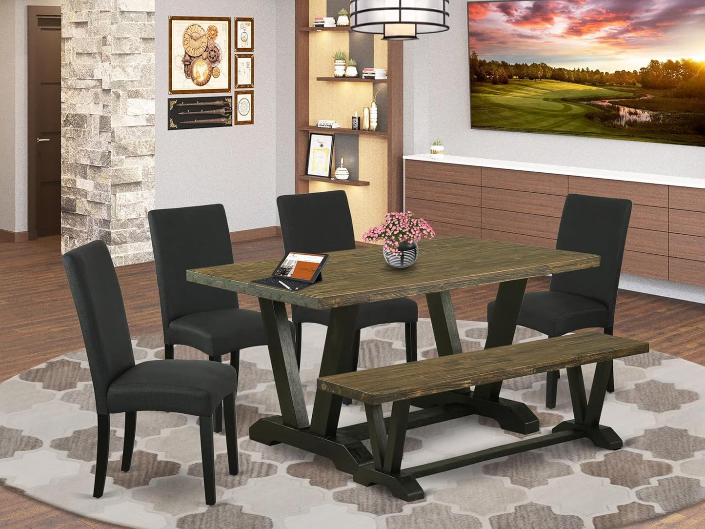 East West Furniture V676DR124-6 6 Piece Dining Set Contains a Rectangle Dining Room Table with V-Legs and 4 Black Color Linen Fabric Parson Chairs with a Bench, 36x60 Inch, Multi-Color