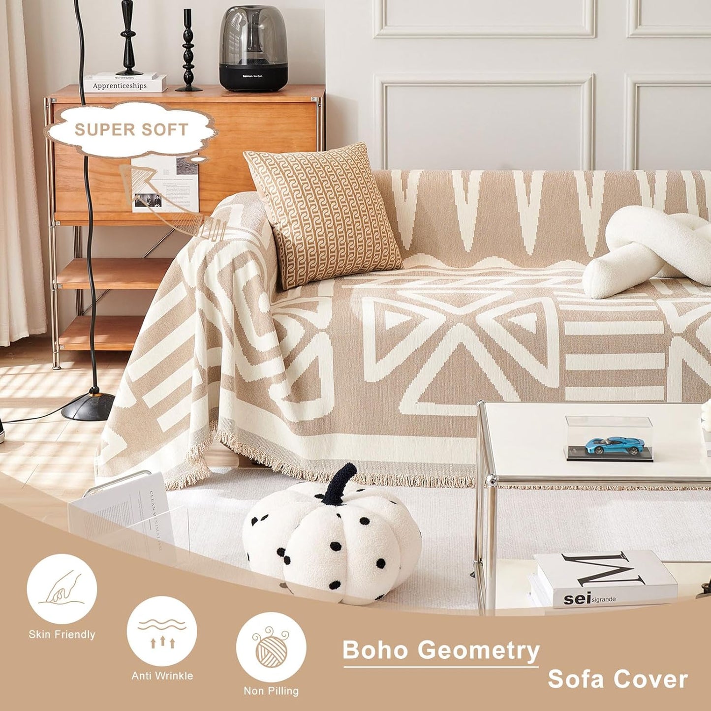 STACYPIK Durable Khaki Couch Covers for Dog Boho L Shape Armchair Slipcovers Tassels Couch Protector for 1 Cushion Couch Reversible Geometric Sofa Cover Anti Slip Multi-Use Couch Cover Blanket-71X71IN