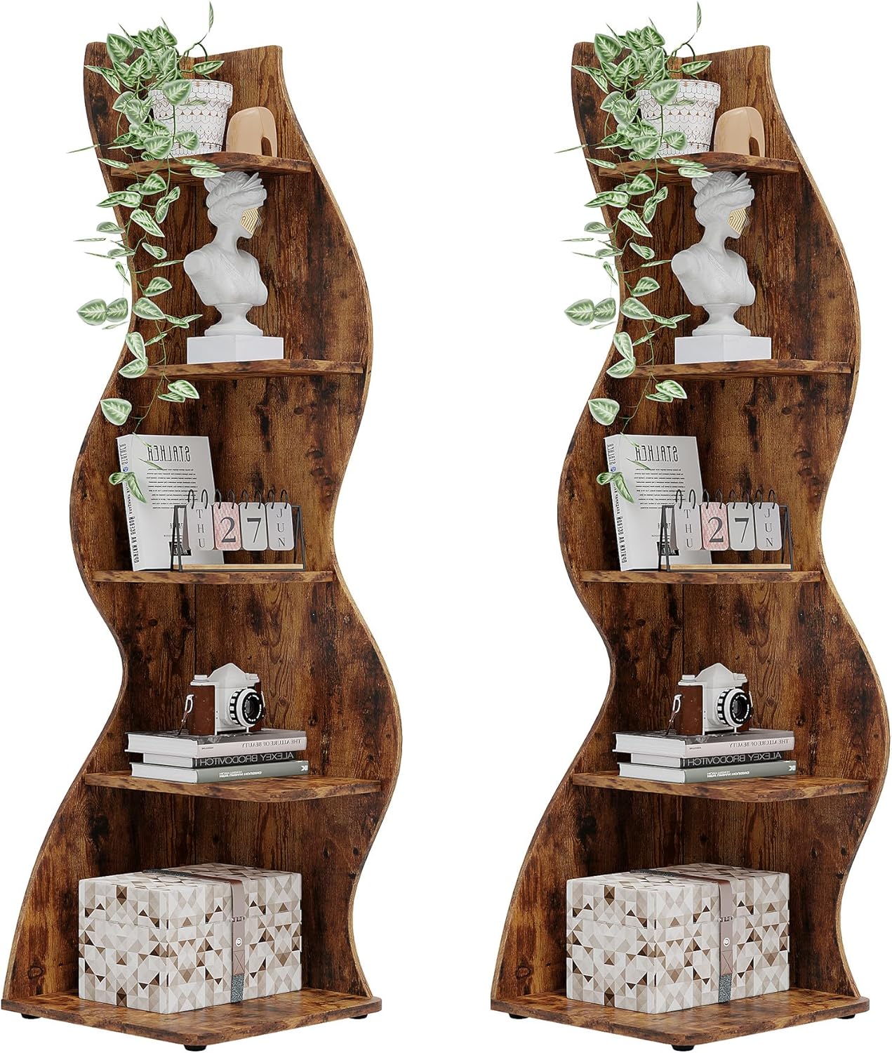 Tribesigns Corner Shelf, Rustic 5-Tier Wall Corner Bookshelf, Stylish Corner Small Bookcase Storage Rack Plant Stand with Unique Shape for Living Room, Home Office (2PCS, Brown)