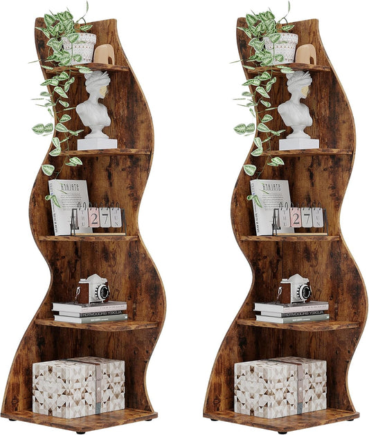 Tribesigns Corner Shelf, Rustic 5-Tier Wall Corner Bookshelf, Stylish Corner Small Bookcase Storage Rack Plant Stand with Unique Shape for Living Room, Home Office (2PCS, Brown)