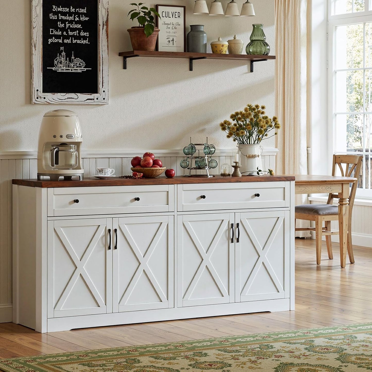 61'' Farmhouse Sideboard Buffet Cabinet with Storage, Large Kitchen Storage Cabinet with Barn Doors Drawers, Brown Coffee Bar Table for Dining Room Kitchen