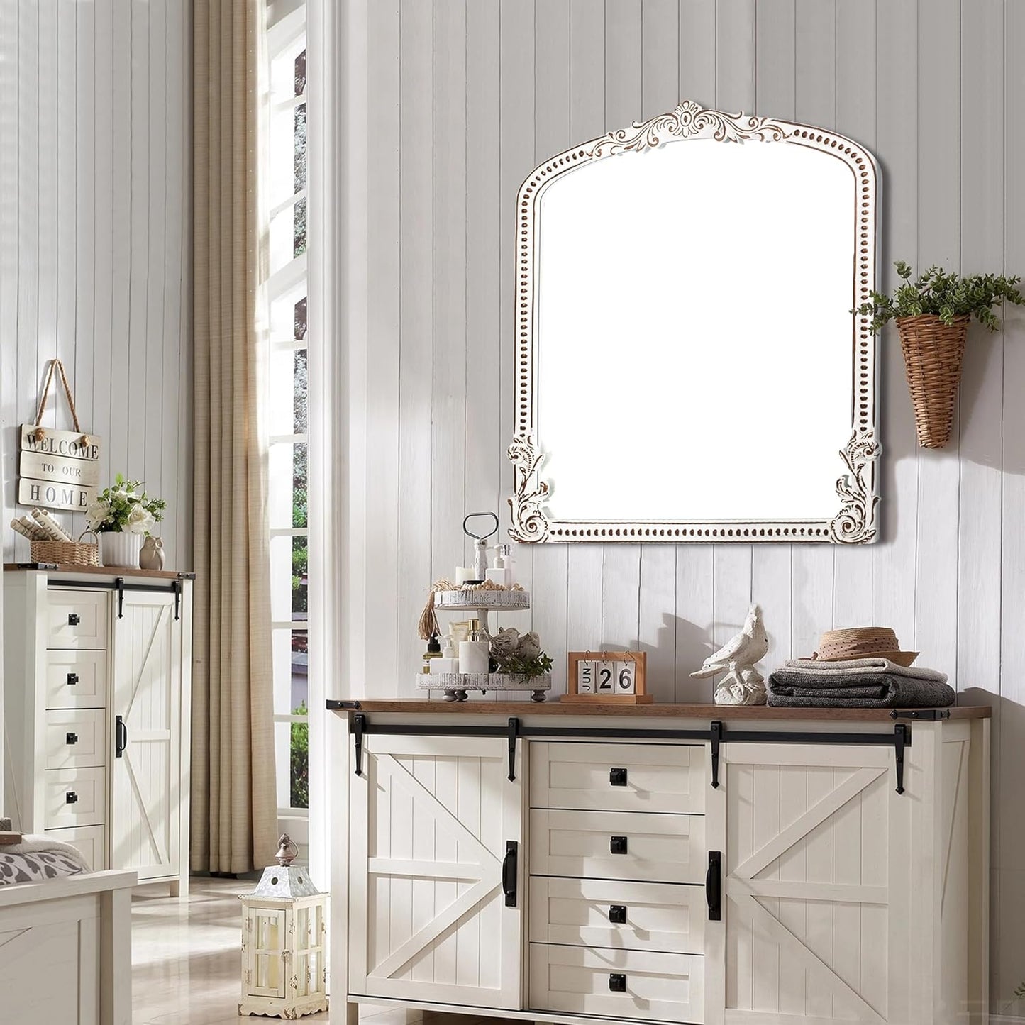 30x35 Inch Baroque Farmhouse Arched Wall Mirror Wooden, Rustic Distressed Decorative Mirrors for Fireplace, Living Room, Bedroom, Entryway, Bathroom