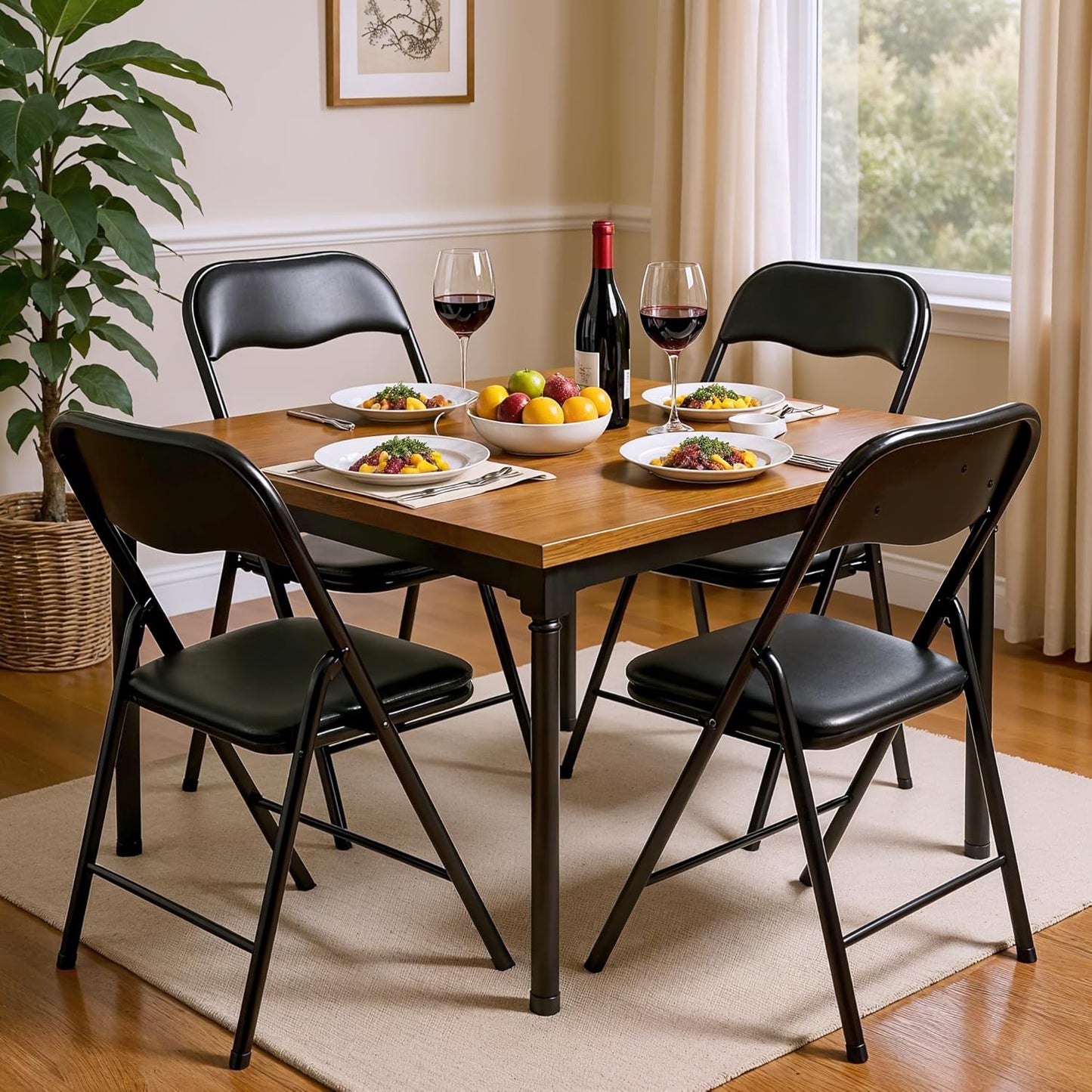 HealSmart 2 Pcs Folding Chairs with Leather Padded Cushion Seats, Back & Sturdy Metal Frame, Stackable, Portable, Commercial Event Seat, Indoor Outdoor for Parties, Home Event, Office, Black