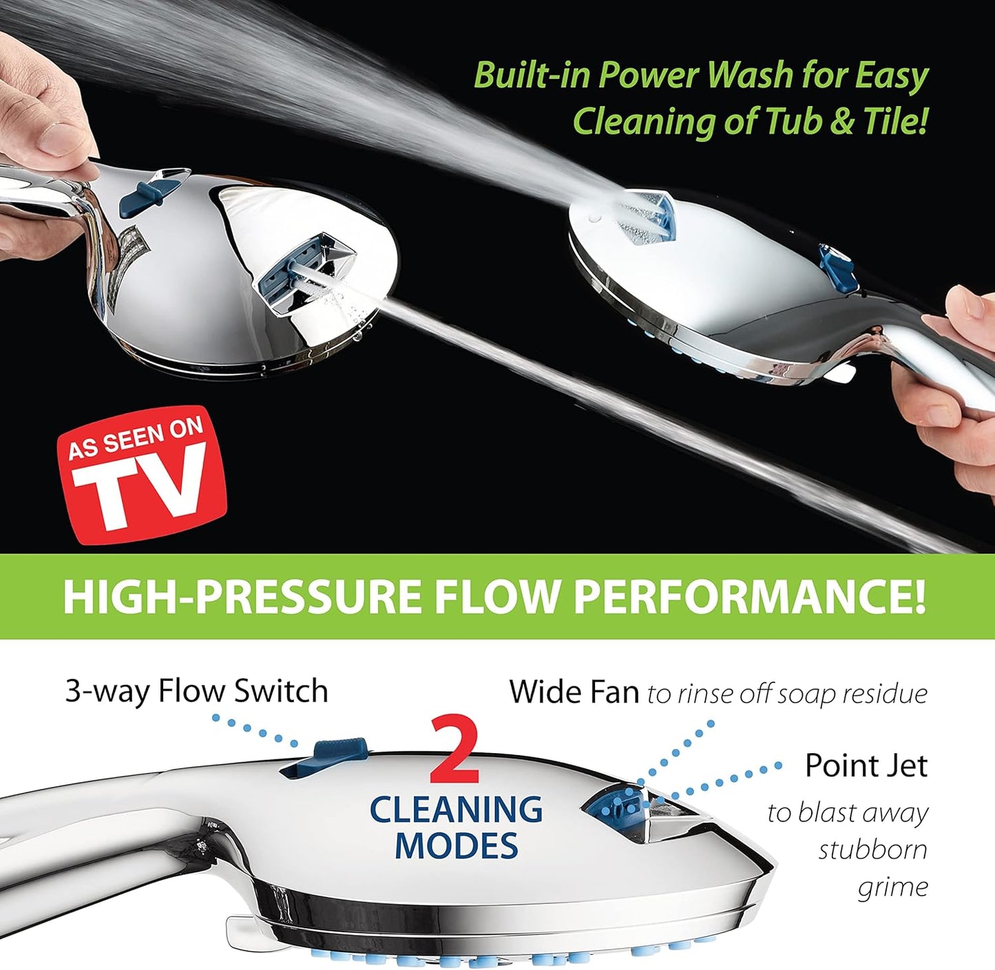 Hotel Spa AquaCare High Pressure 8-Mode Handheld Shower Head - Anti-clog Nozzles, Built-in Power Wash to Clean Tub, Extra Long 6 ft. Stainless Steel Hose, Wall & Overhead Brackets